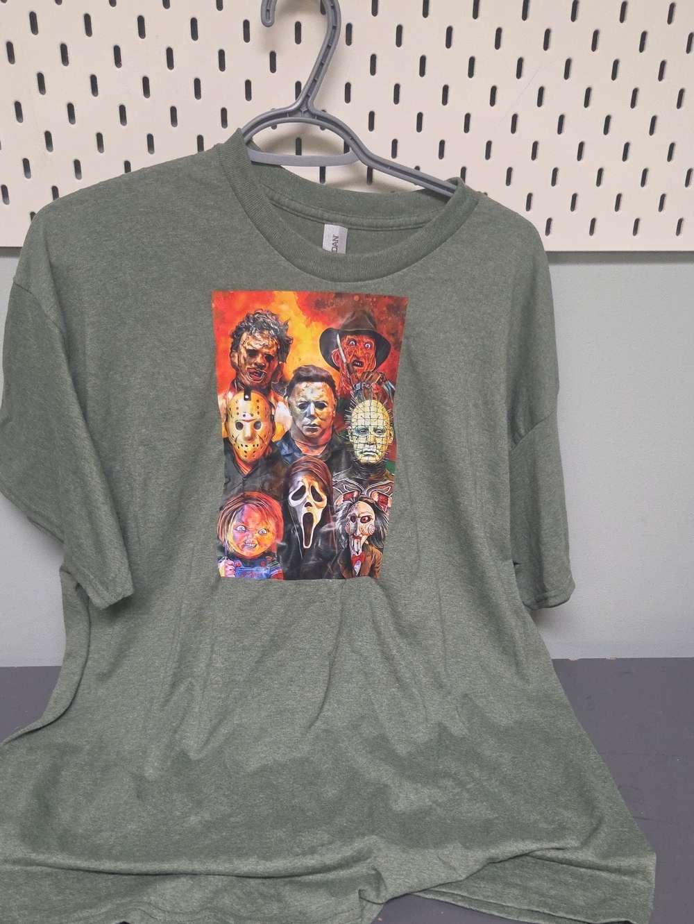 Gildan Olive Green Short-Sleeve T-Shirt with Horror Masks Graphic